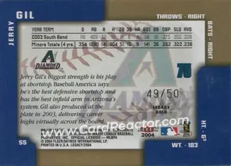 2004 Fleer Legacy - Gold #75 - Jerry Gil - Arizona Diamondbacks - Back 2004 Fleer Legacy - Gold #75 - Jerry Gil - Arizona Diamondbacks - Back