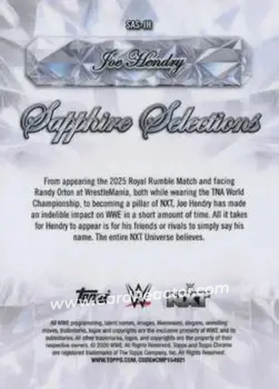 2026 Topps Chrome Sapphire Edition WWE - Sapphire Selections Orange #SAS-JH - Joe Hendry - Back 2026 Topps Chrome Sapphire Edition WWE - Sapphire Selections Orange #SAS-JH - Joe Hendry - Back