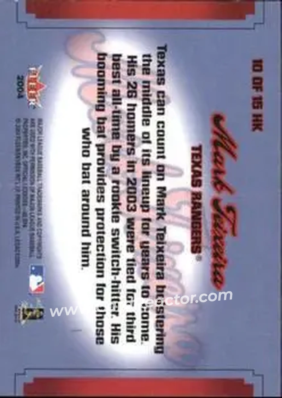 2004 Fleer Legacy - Hit Kings #10HK - Mark Teixeira - Texas Rangers - Back 2004 Fleer Legacy - Hit Kings #10HK - Mark Teixeira - Texas Rangers - Back