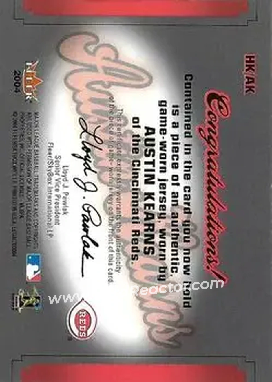 2004 Fleer Legacy - Hit Kings Jersey Copper #HK/AK - Austin Kearns - Cincinnati Reds - Back