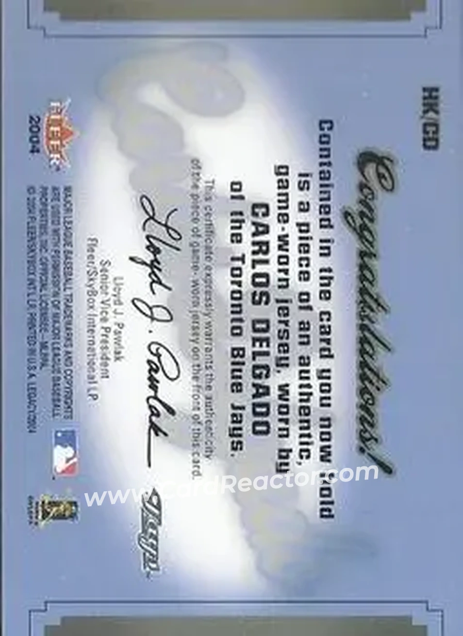 2004 Fleer Legacy - Hit Kings Jersey Copper #HK/CD - Carlos Delgado - Toronto Blue Jays - Back