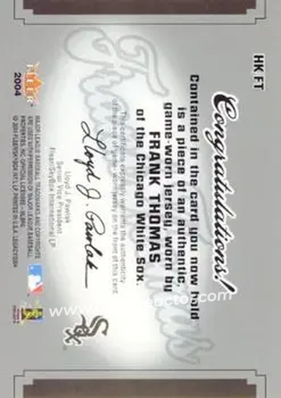 2004 Fleer Legacy - Hit Kings Jersey Copper #HK/FT - Frank Thomas - Chicago White Sox - Back