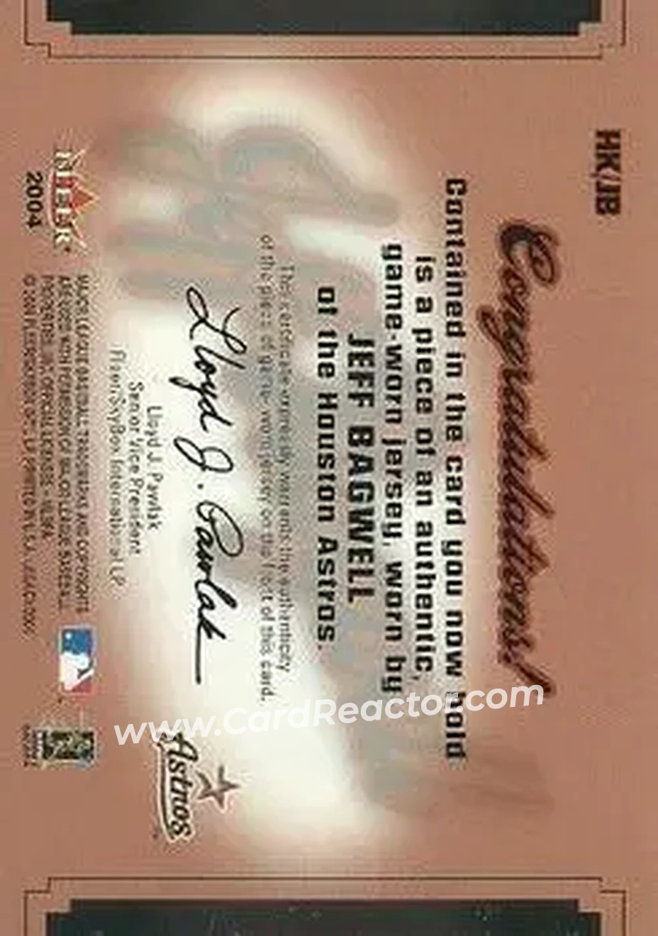 2004 Fleer Legacy - Hit Kings Jersey Copper #HK/JB - Jeff Bagwell - Houston Astros - Back