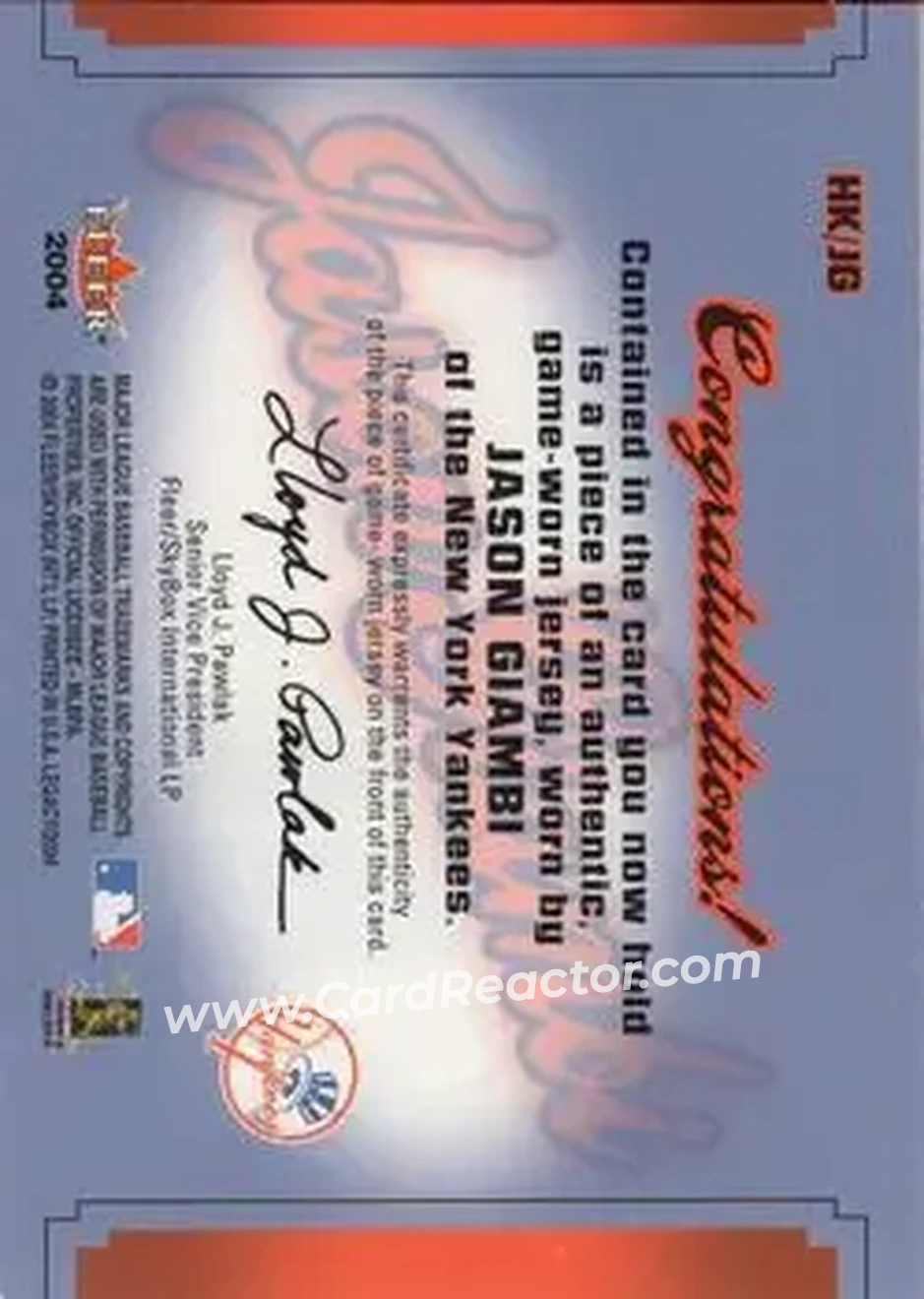 2004 Fleer Legacy - Hit Kings Jersey Copper #HK/JG - Jason Giambi - New York Yankees - Back