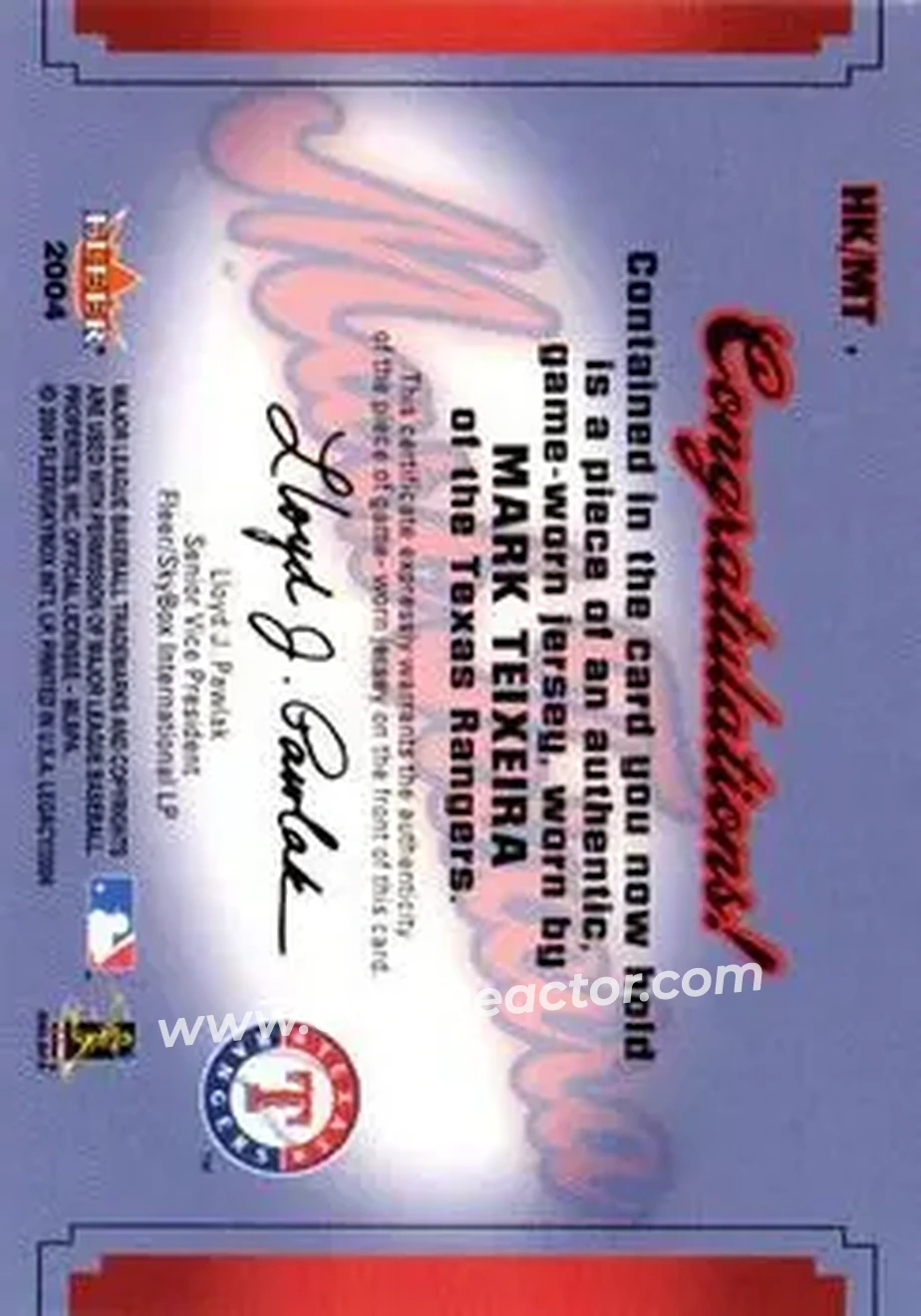 2004 Fleer Legacy - Hit Kings Jersey Copper #HK/MT - Mark Teixeira - Texas Rangers - Back 2004 Fleer Legacy - Hit Kings Jersey Copper #HK/MT - Mark Teixeira - Texas Rangers - Back
