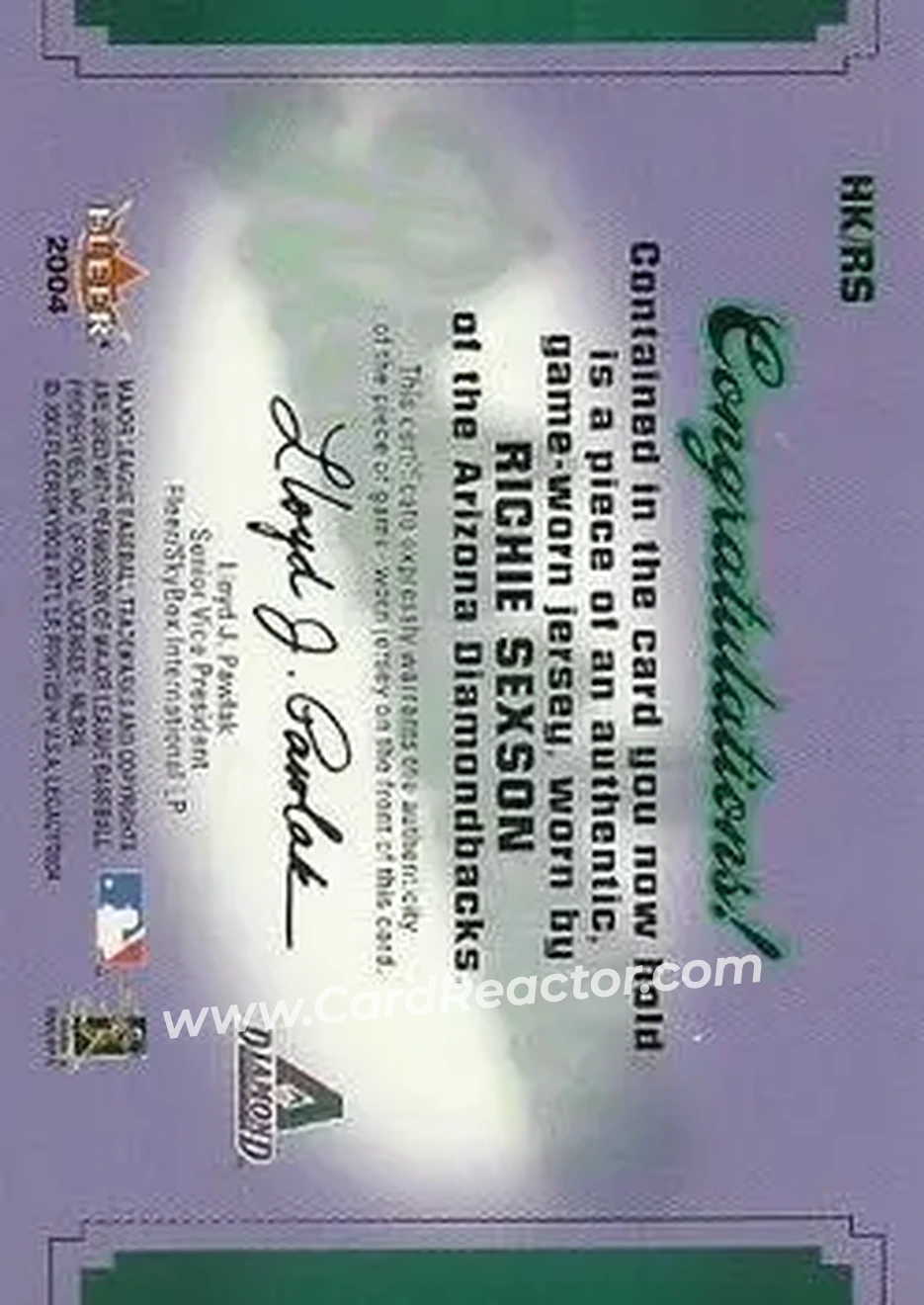 2004 Fleer Legacy - Hit Kings Jersey Copper #HK/RS - Richie Sexson - Arizona Diamondbacks - Back