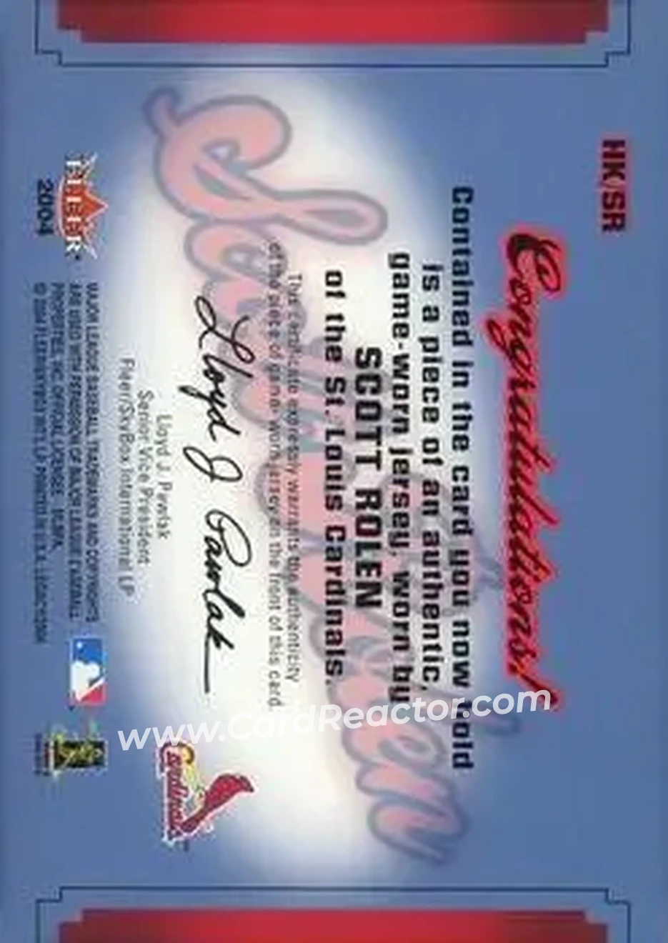 2004 Fleer Legacy - Hit Kings Jersey Copper #HK/SR - Scott Rolen - St. Louis Cardinals - Back 2004 Fleer Legacy - Hit Kings Jersey Copper #HK/SR - Scott Rolen - St. Louis Cardinals - Back