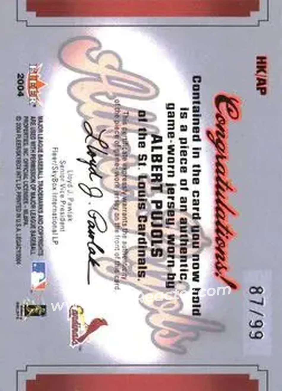2004 Fleer Legacy - Hit Kings Patch Silver #HK/AP - Albert Pujols - St. Louis Cardinals - Back