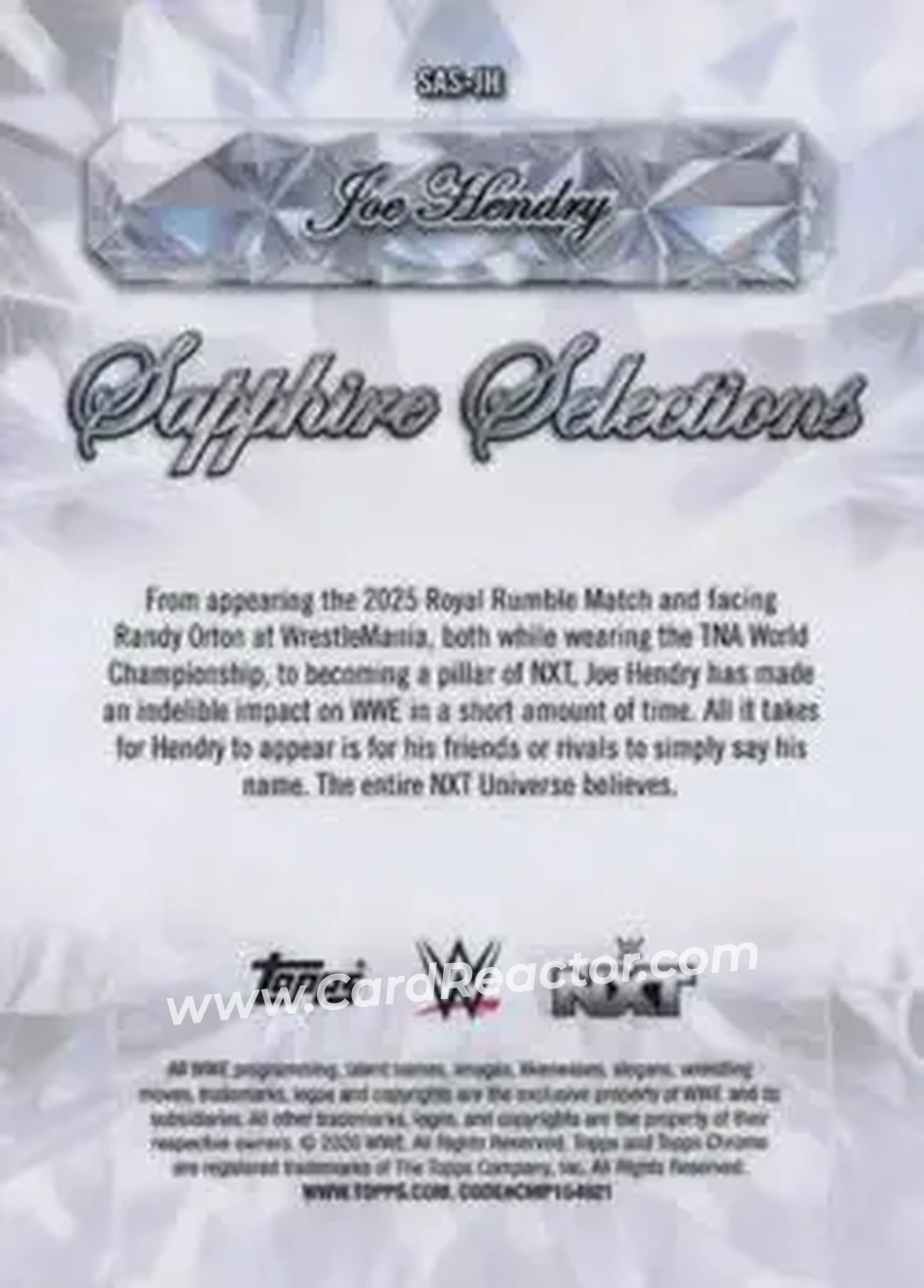 2026 Topps Chrome Sapphire Edition WWE - Sapphire Selections Red #SAS-JH - Joe Hendry - Back