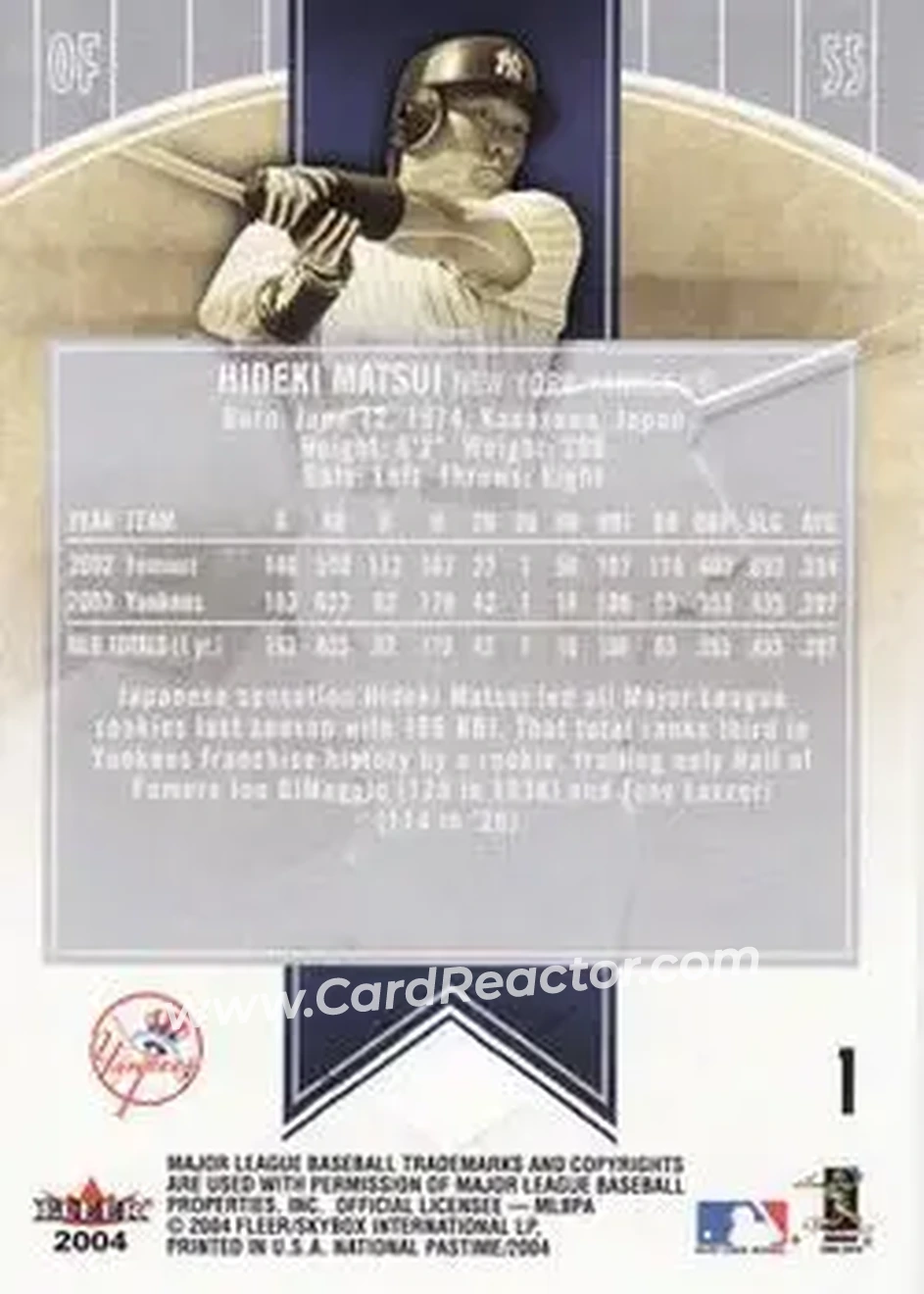 2004 Fleer National Pastime #1 - Hideki Matsui - New York Yankees - Back