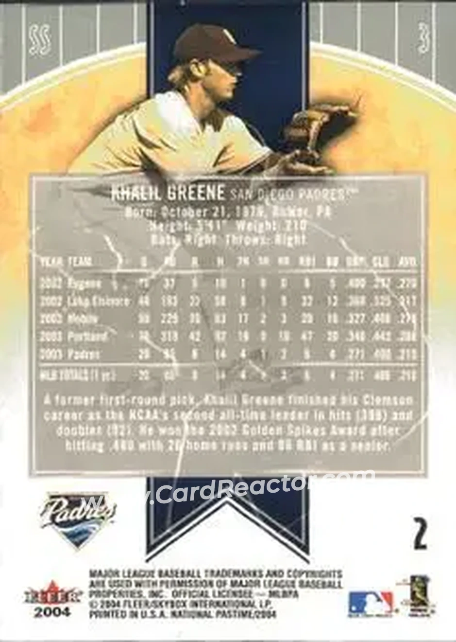 2004 Fleer National Pastime #2 - Khalil Greene - San Diego Padres - Back 2004 Fleer National Pastime #2 - Khalil Greene - San Diego Padres - Back