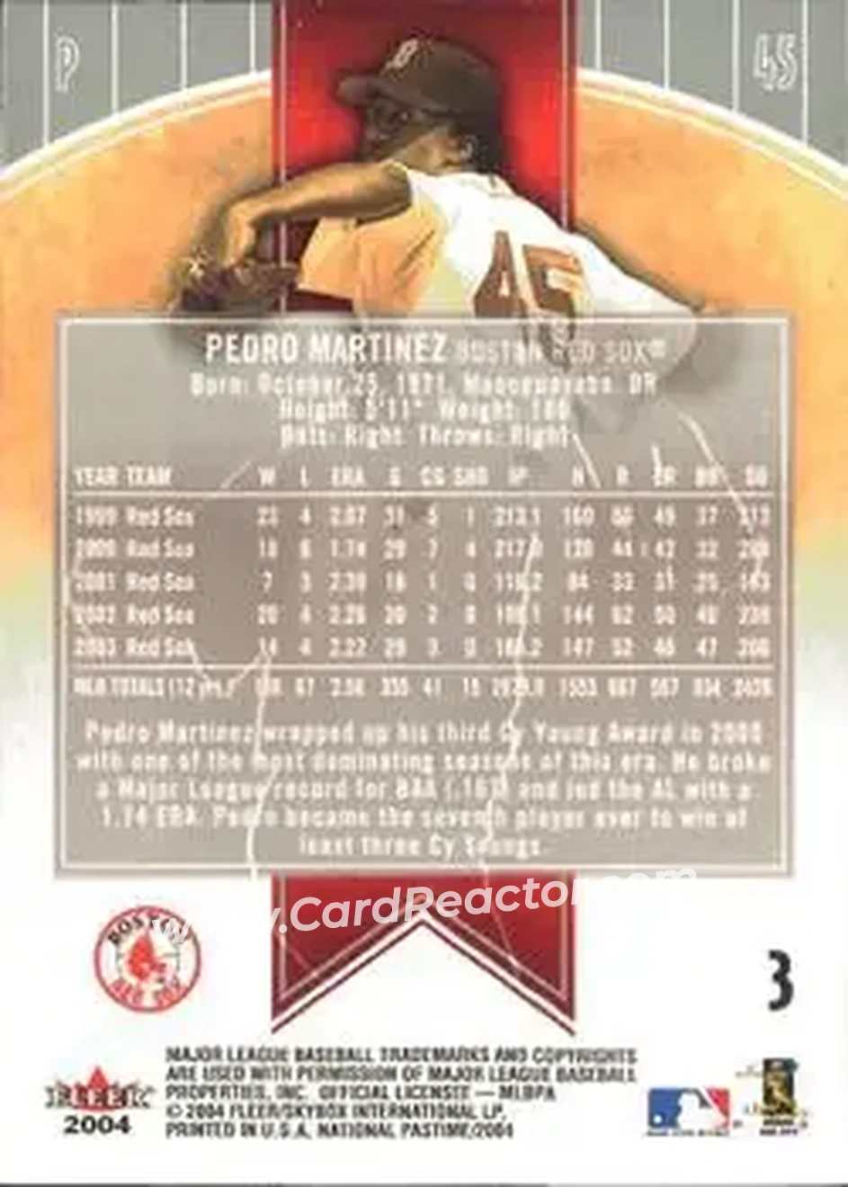 2004 Fleer National Pastime #3 - Pedro Martinez - Boston Red Sox - Back