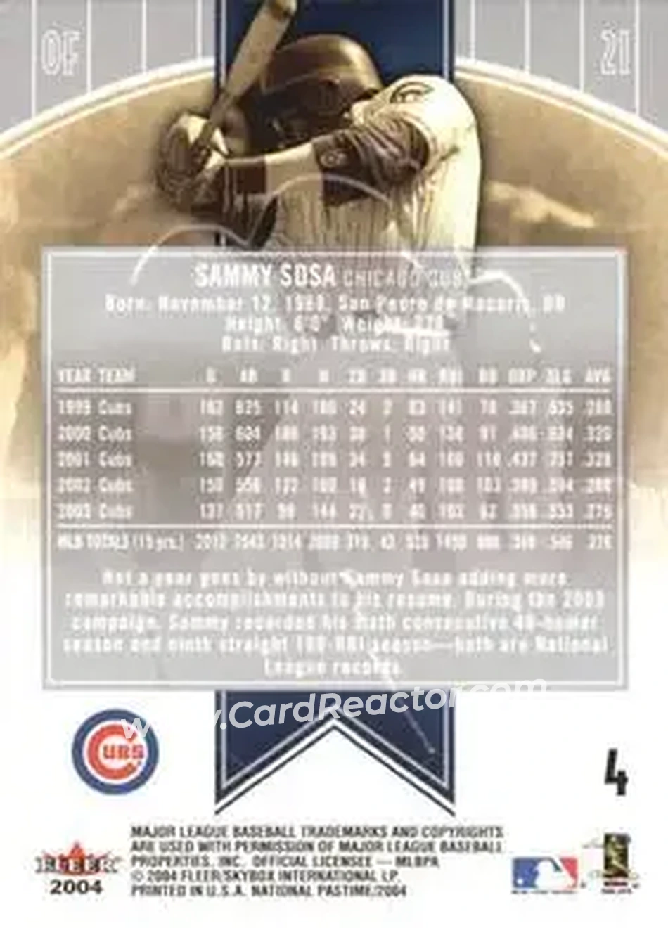 2004 Fleer National Pastime #4 - Sammy Sosa - Chicago Cubs - Back 2004 Fleer National Pastime #4 - Sammy Sosa - Chicago Cubs - Back