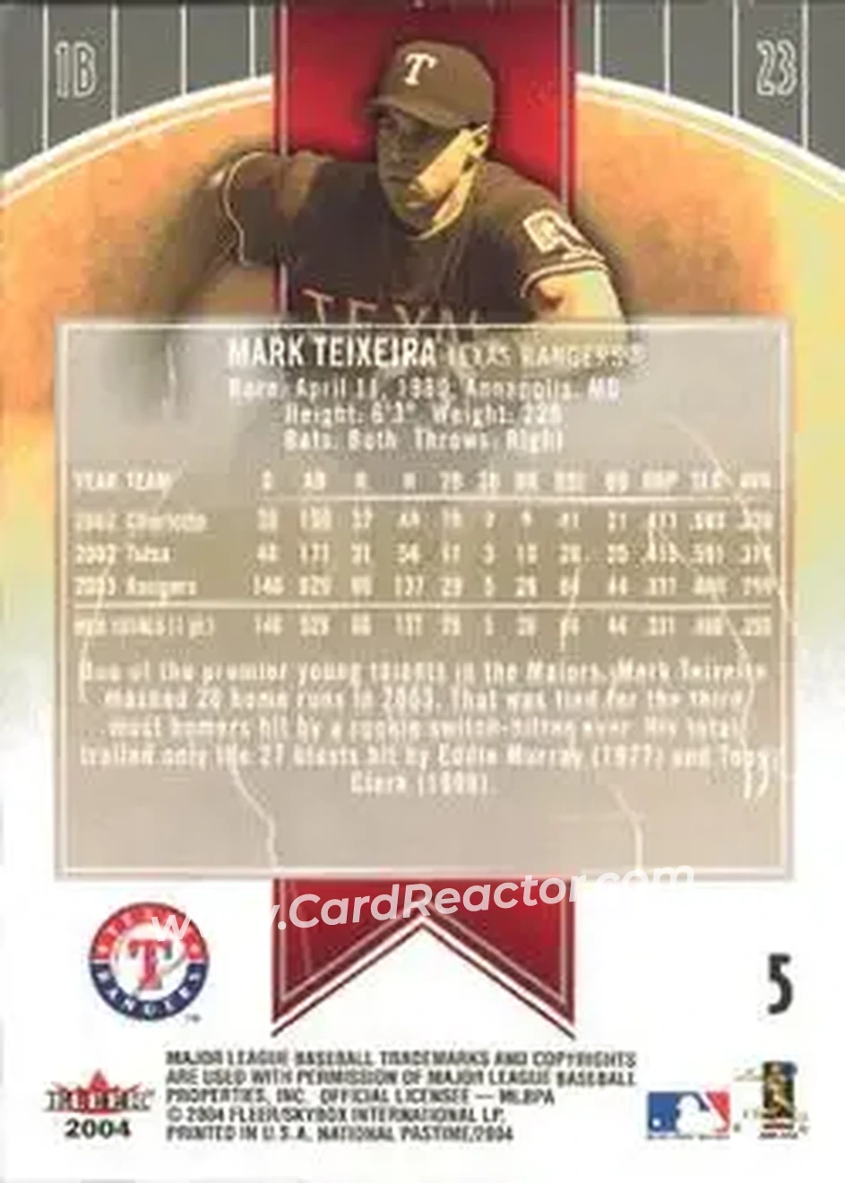 2004 Fleer National Pastime #5 - Mark Teixeira - Texas Rangers - Back 2004 Fleer National Pastime #5 - Mark Teixeira - Texas Rangers - Back