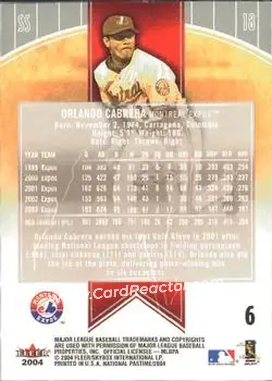 2004 Fleer National Pastime #6 - Orlando Cabrera - Montreal Expos - Back