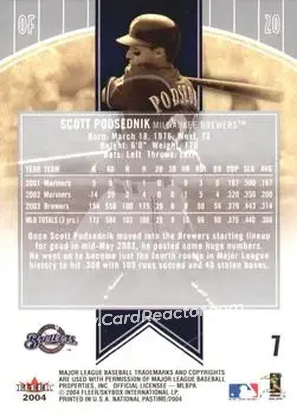 2004 Fleer National Pastime #7 - Scott Podsednik - Milwaukee Brewers - Back