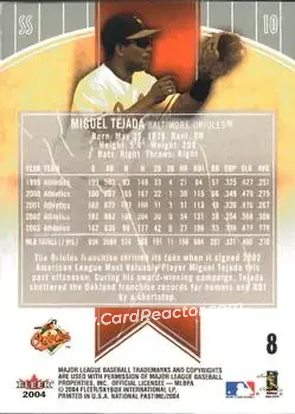 2004 Fleer National Pastime #8 - Miguel Tejada - Baltimore Orioles - Back
