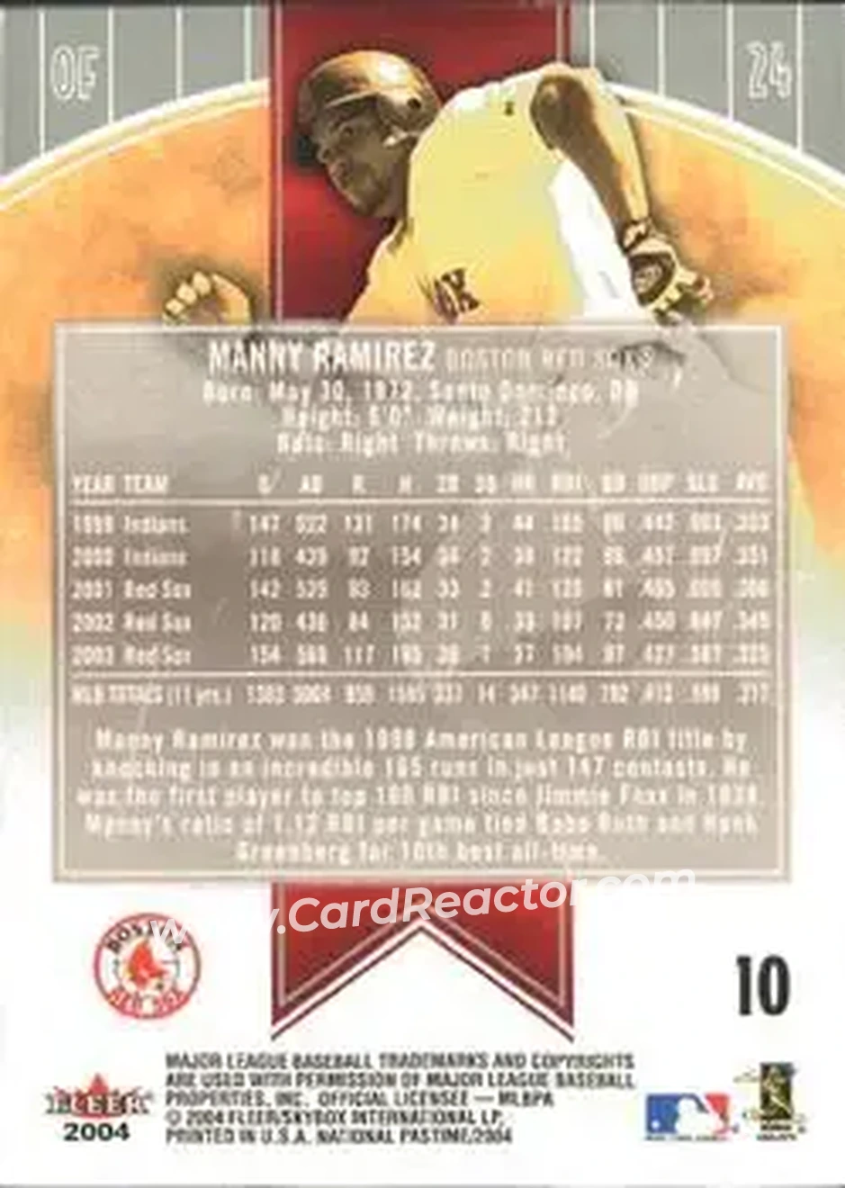 2004 Fleer National Pastime #10 - Manny Ramirez - Boston Red Sox - Back 2004 Fleer National Pastime #10 - Manny Ramirez - Boston Red Sox - Back
