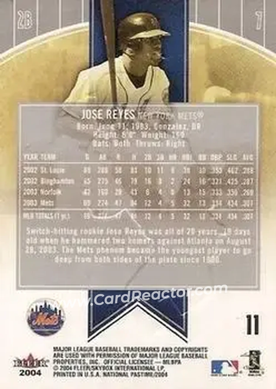 2004 Fleer National Pastime #11 - Jose Reyes - New York Mets - Back 2004 Fleer National Pastime #11 - Jose Reyes - New York Mets - Back