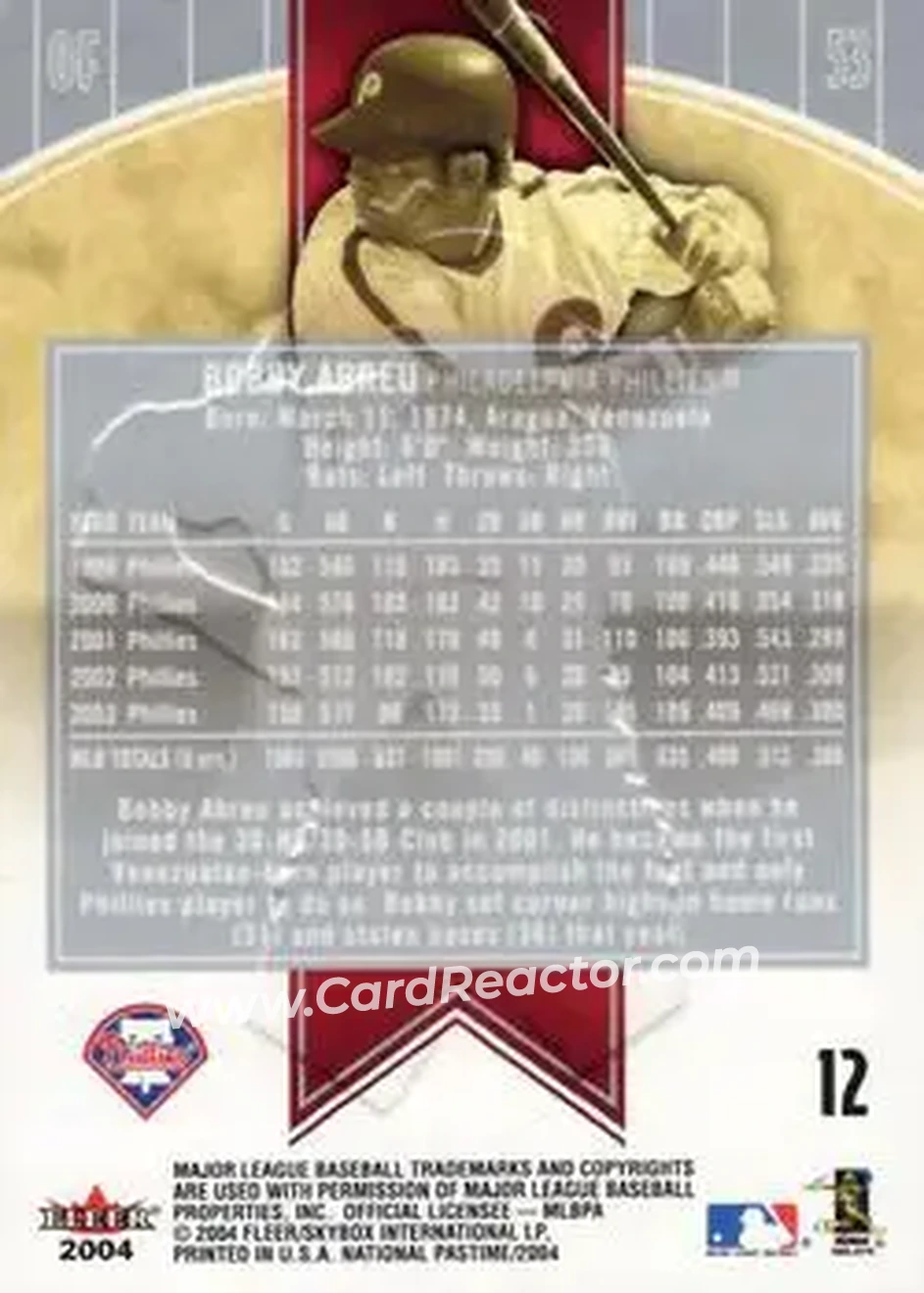 2004 Fleer National Pastime #12 - Bob Abreu - Philadelphia Phillies - Back