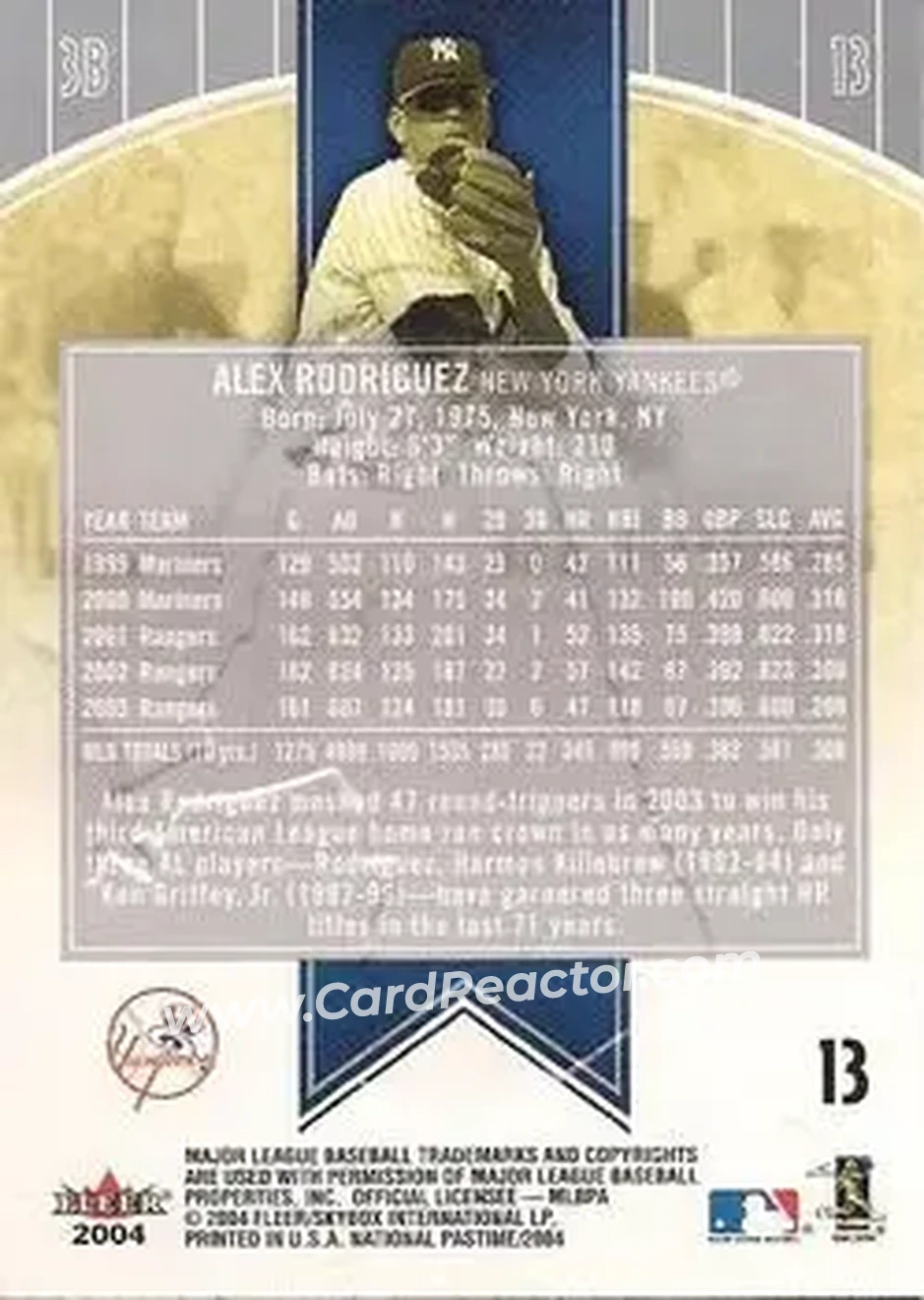 2004 Fleer National Pastime #13 - Alex Rodriguez - New York Yankees - Back