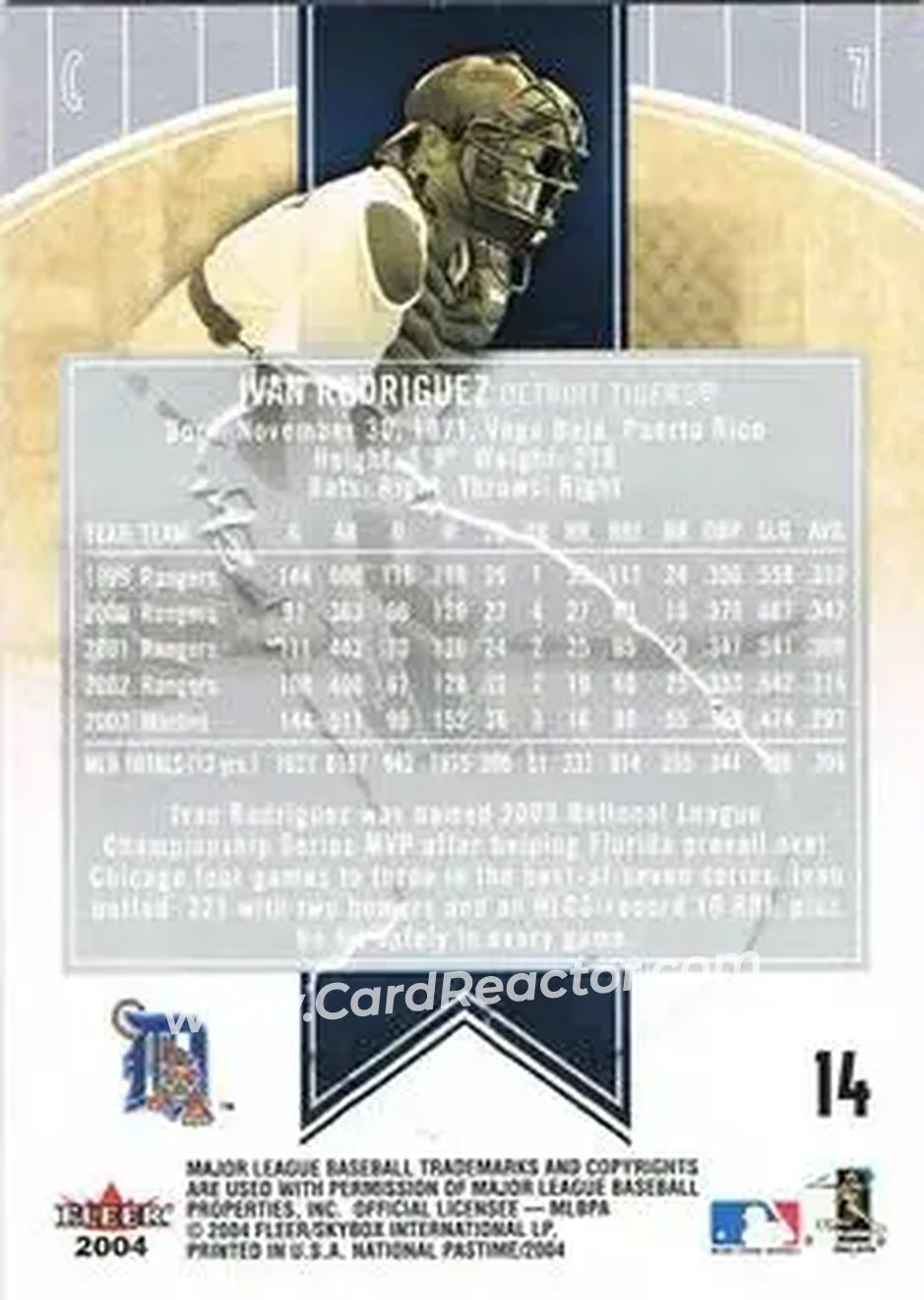 2004 Fleer National Pastime #14 - Ivan Rodriguez - Detroit Tigers - Back