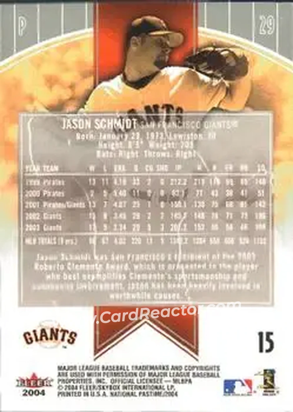 2004 Fleer National Pastime #15 - Jason Schmidt - San Francisco Giants - Back
