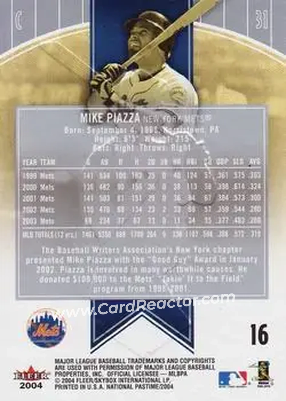 2004 Fleer National Pastime #16 - Mike Piazza - New York Mets - Back