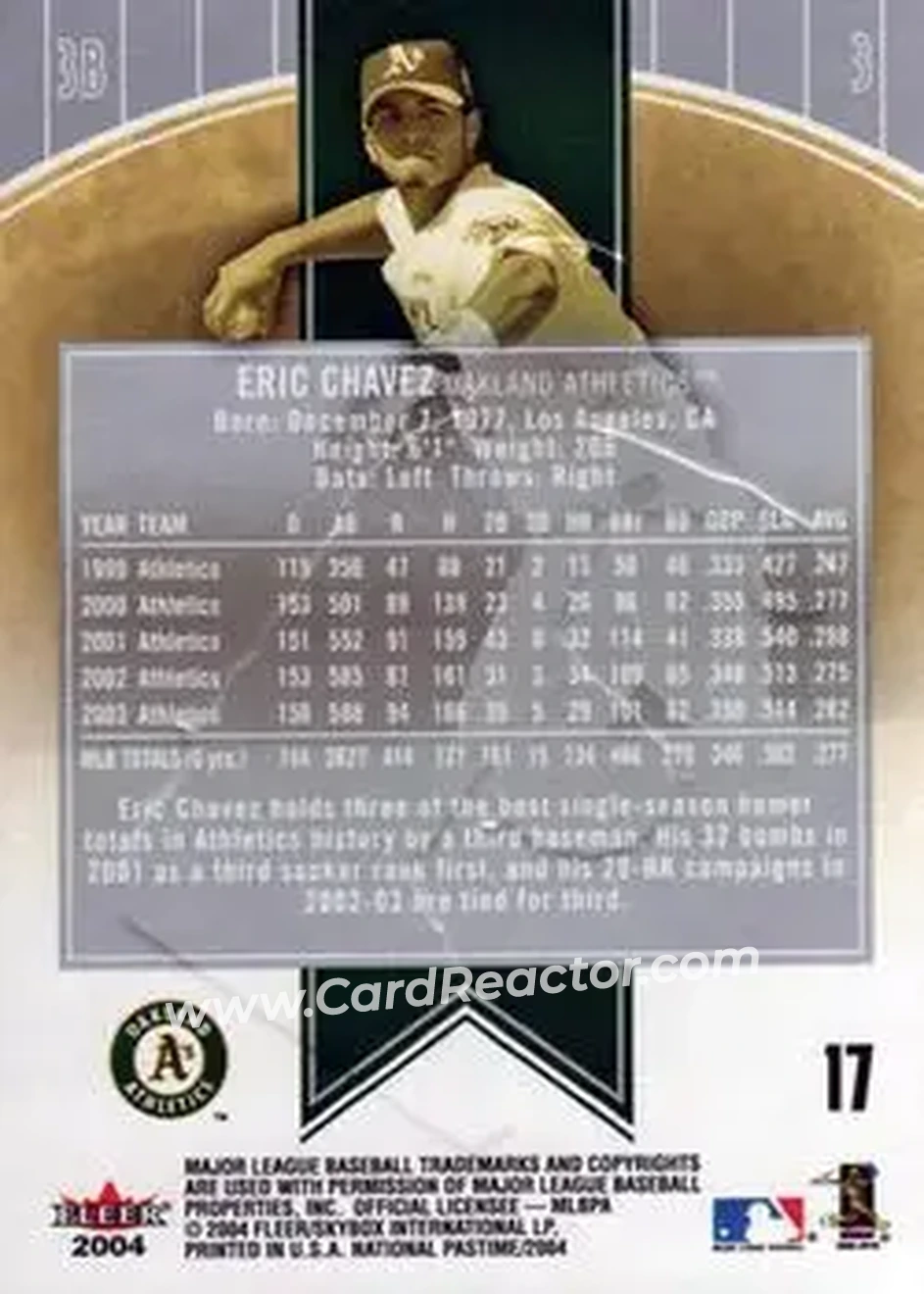 2004 Fleer National Pastime #17 - Eric Chavez - Oakland Athletics - Back