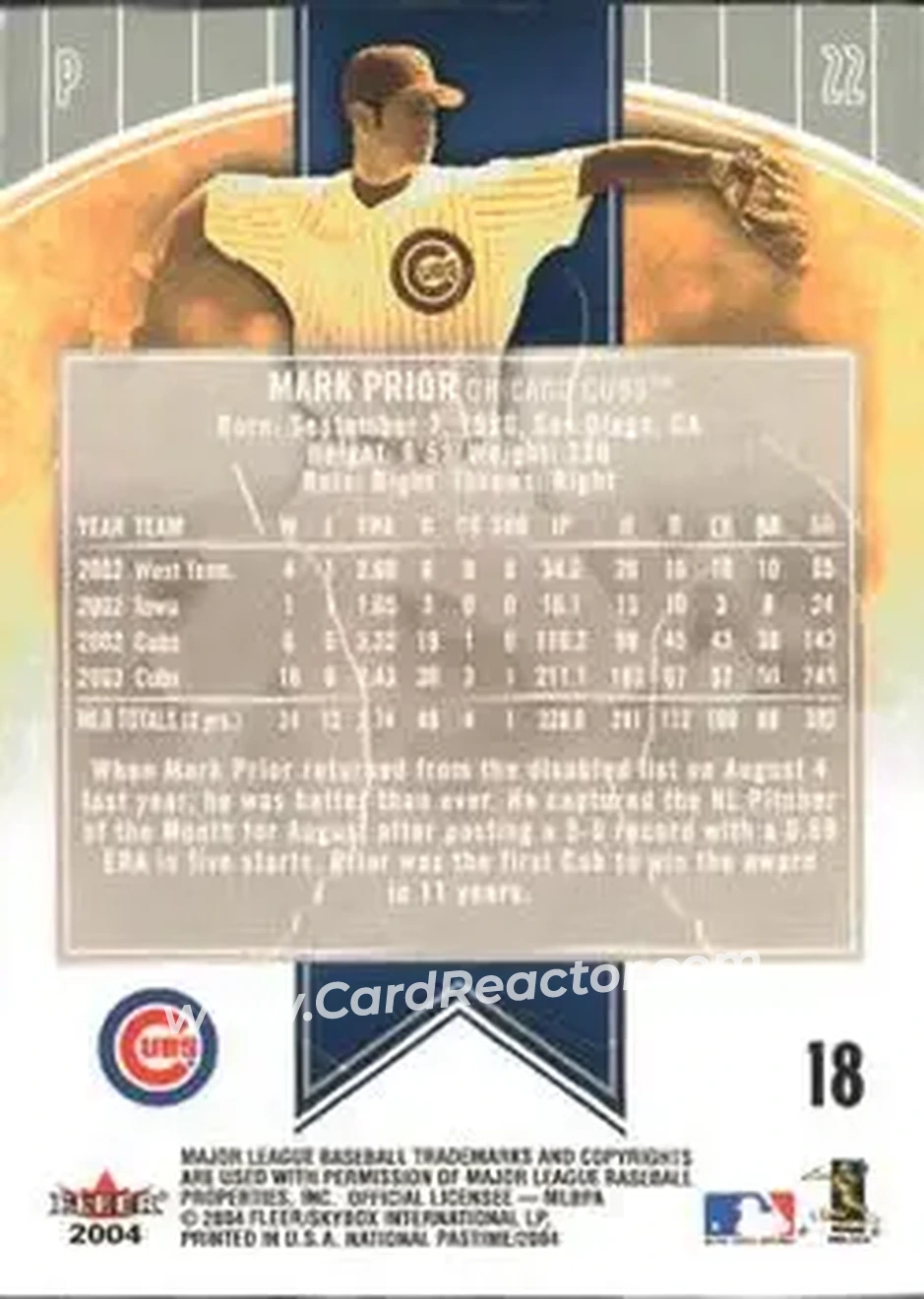 2004 Fleer National Pastime #18 - Mark Prior - Chicago Cubs - Back