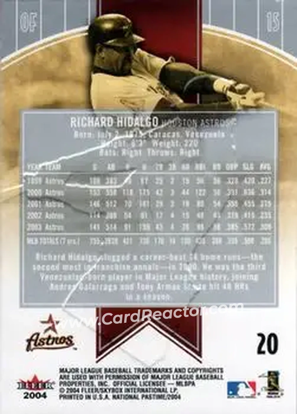 2004 Fleer National Pastime #20 - Richard Hidalgo - Houston Astros - Back 2004 Fleer National Pastime #20 - Richard Hidalgo - Houston Astros - Back