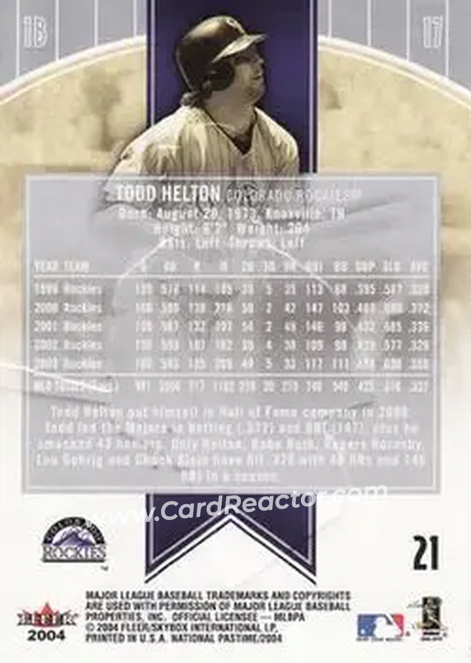 2004 Fleer National Pastime #21 - Todd Helton - Colorado Rockies - Back
