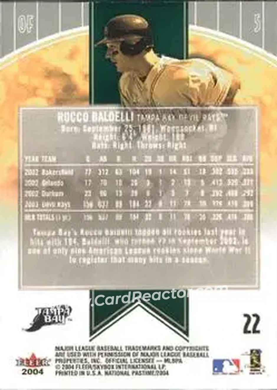 2004 Fleer National Pastime #22 - Rocco Baldelli - Tampa Bay Devil Rays - Back