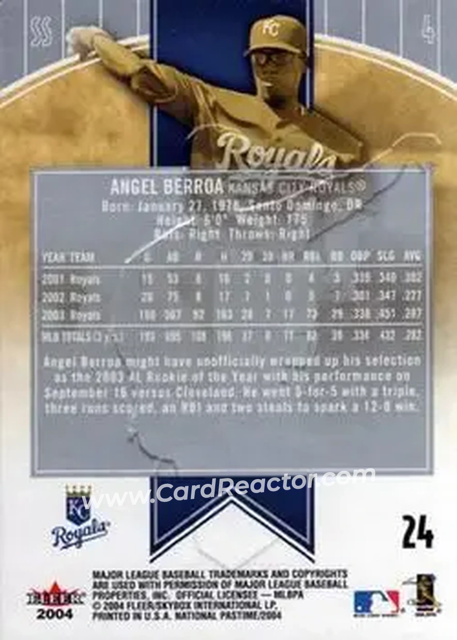 2004 Fleer National Pastime #24 - Angel Berroa - Kansas City Royals - Back