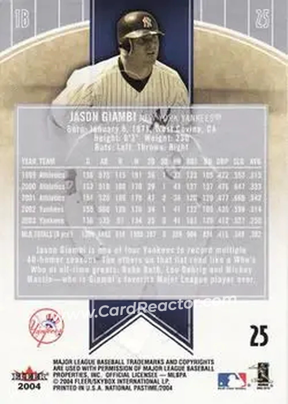 2004 Fleer National Pastime #25 - Jason Giambi - New York Yankees - Back