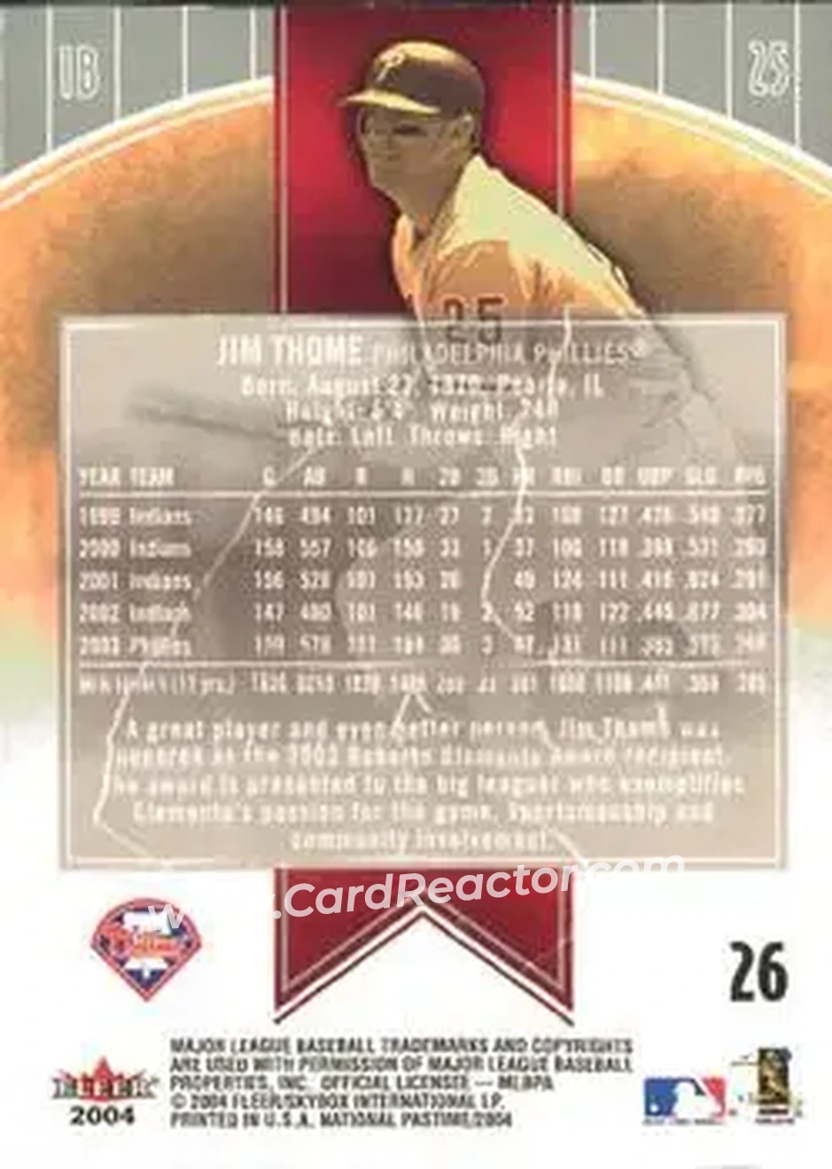 2004 Fleer National Pastime #26 - Jim Thome - Philadelphia Phillies - Back