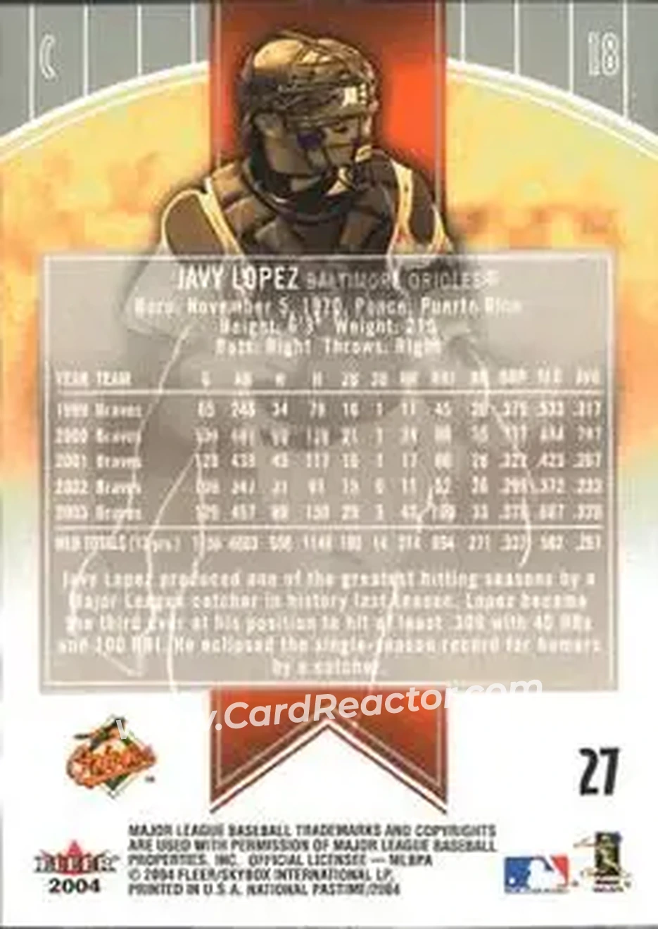 2004 Fleer National Pastime #27 - Javier Lopez - Baltimore Orioles - Back 2004 Fleer National Pastime #27 - Javier Lopez - Baltimore Orioles - Back