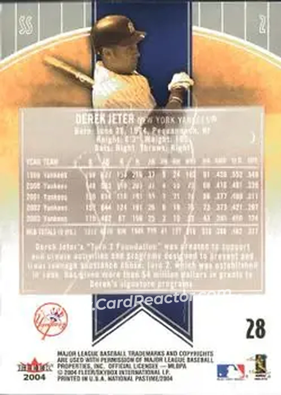 2004 Fleer National Pastime #28 - Derek Jeter - New York Yankees - Back