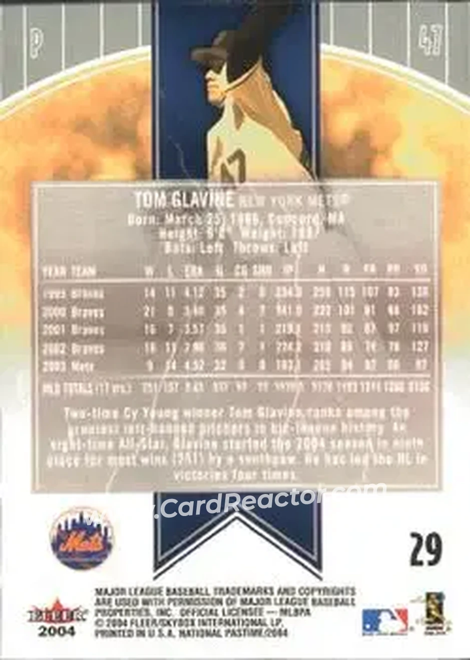 2004 Fleer National Pastime #29 - Tom Glavine - New York Mets - Back