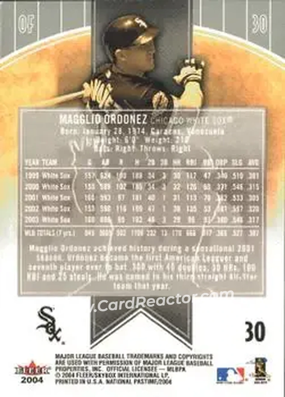 2004 Fleer National Pastime #30 - Magglio Ordonez - Chicago White Sox - Back