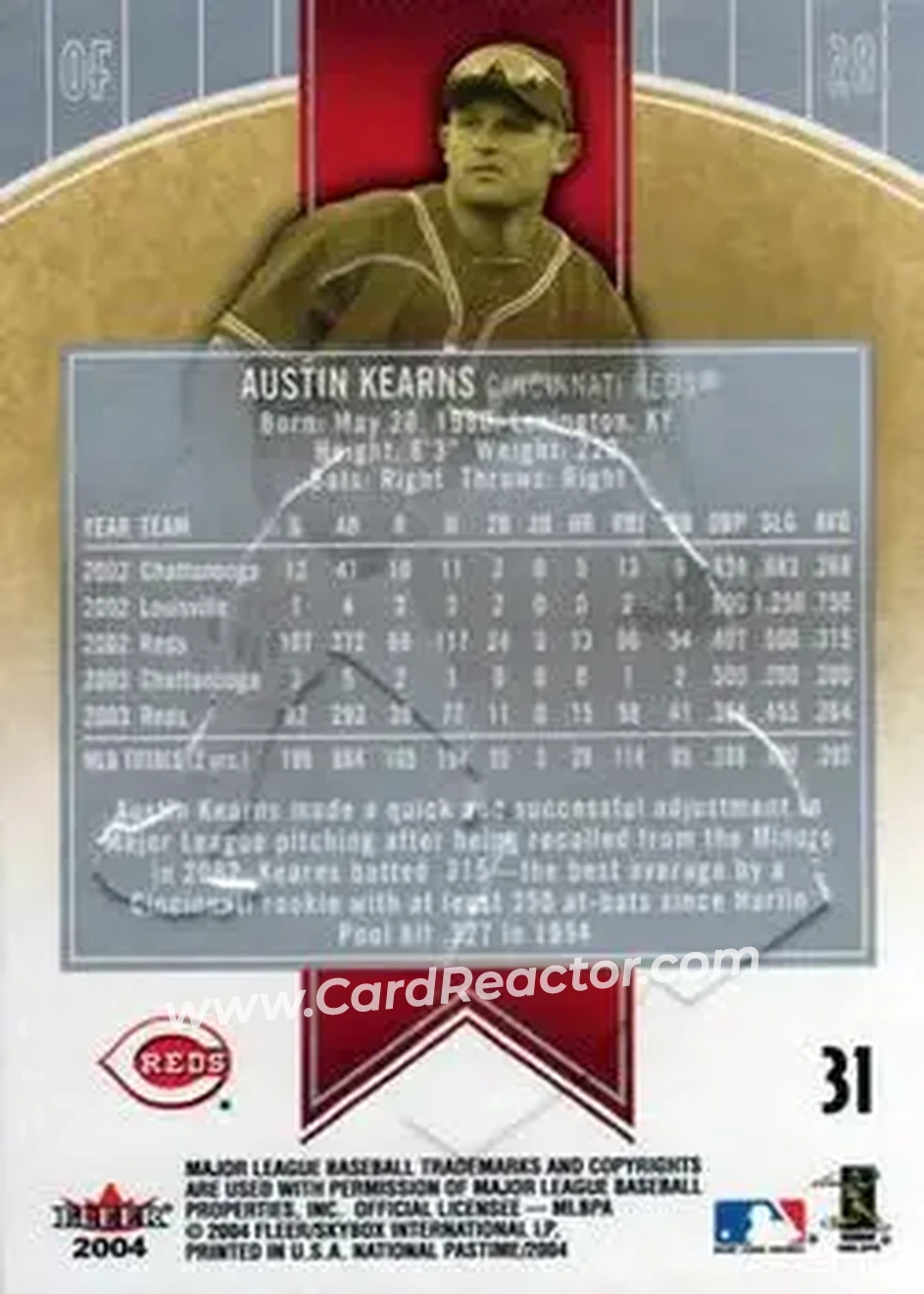2004 Fleer National Pastime #31 - Austin Kearns - Cincinnati Reds - Back 2004 Fleer National Pastime #31 - Austin Kearns - Cincinnati Reds - Back