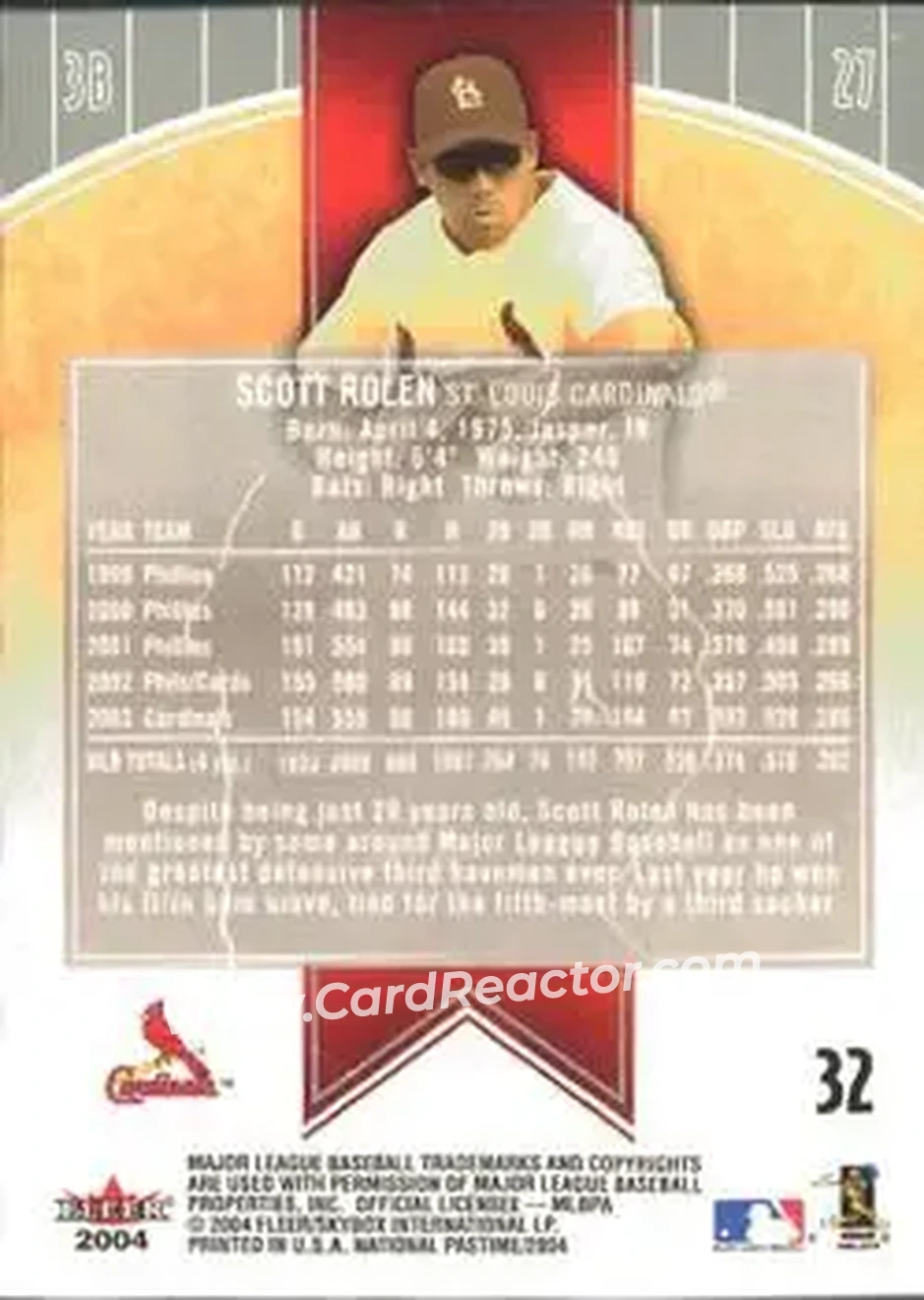 2004 Fleer National Pastime #32 - Scott Rolen - St. Louis Cardinals - Back