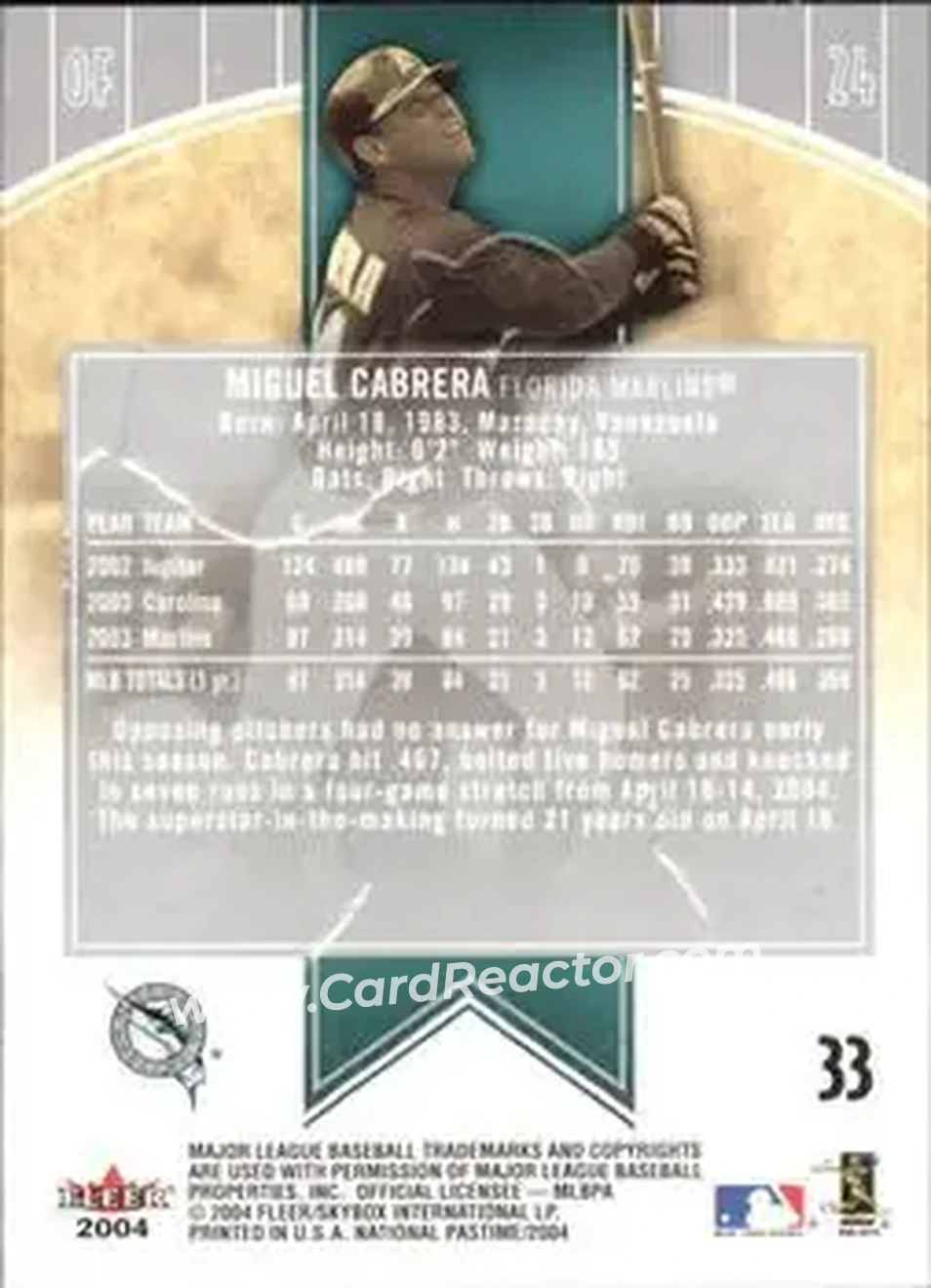 2004 Fleer National Pastime #33 - Miguel Cabrera - Florida Marlins - Back