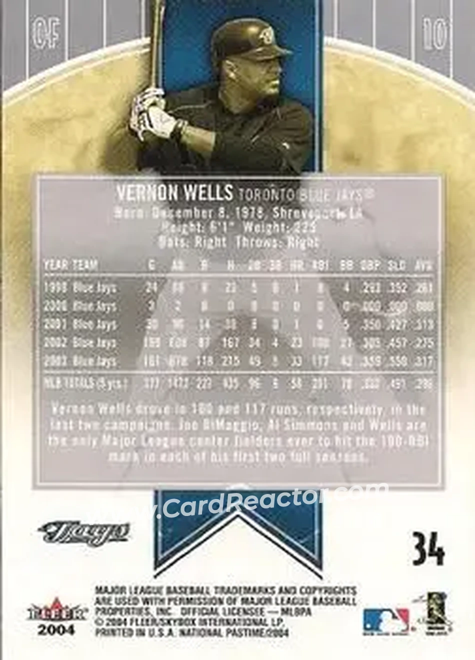2004 Fleer National Pastime #34 - Vernon Wells - Toronto Blue Jays - Back 2004 Fleer National Pastime #34 - Vernon Wells - Toronto Blue Jays - Back