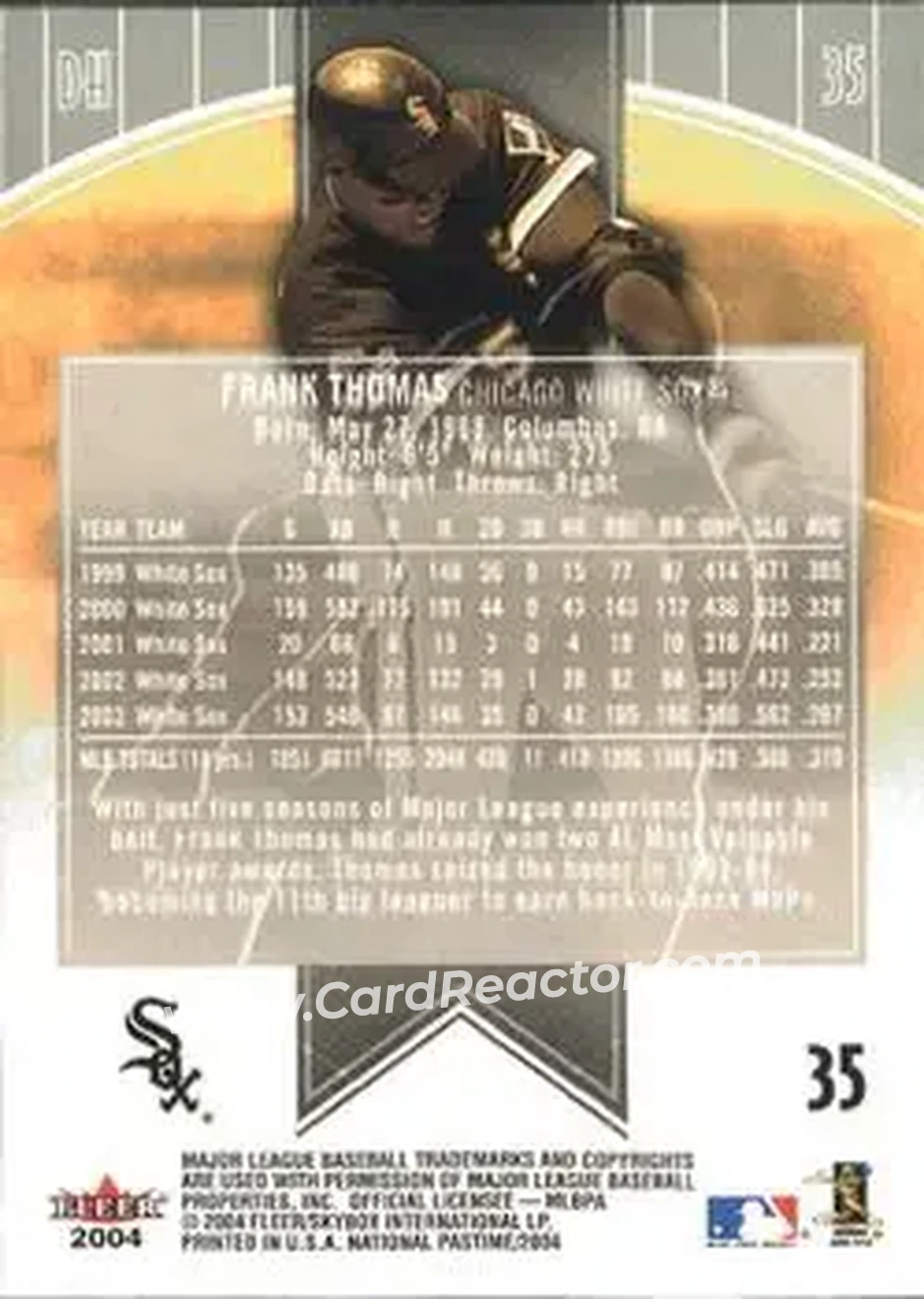 2004 Fleer National Pastime #35 - Frank Thomas - Chicago White Sox - Back