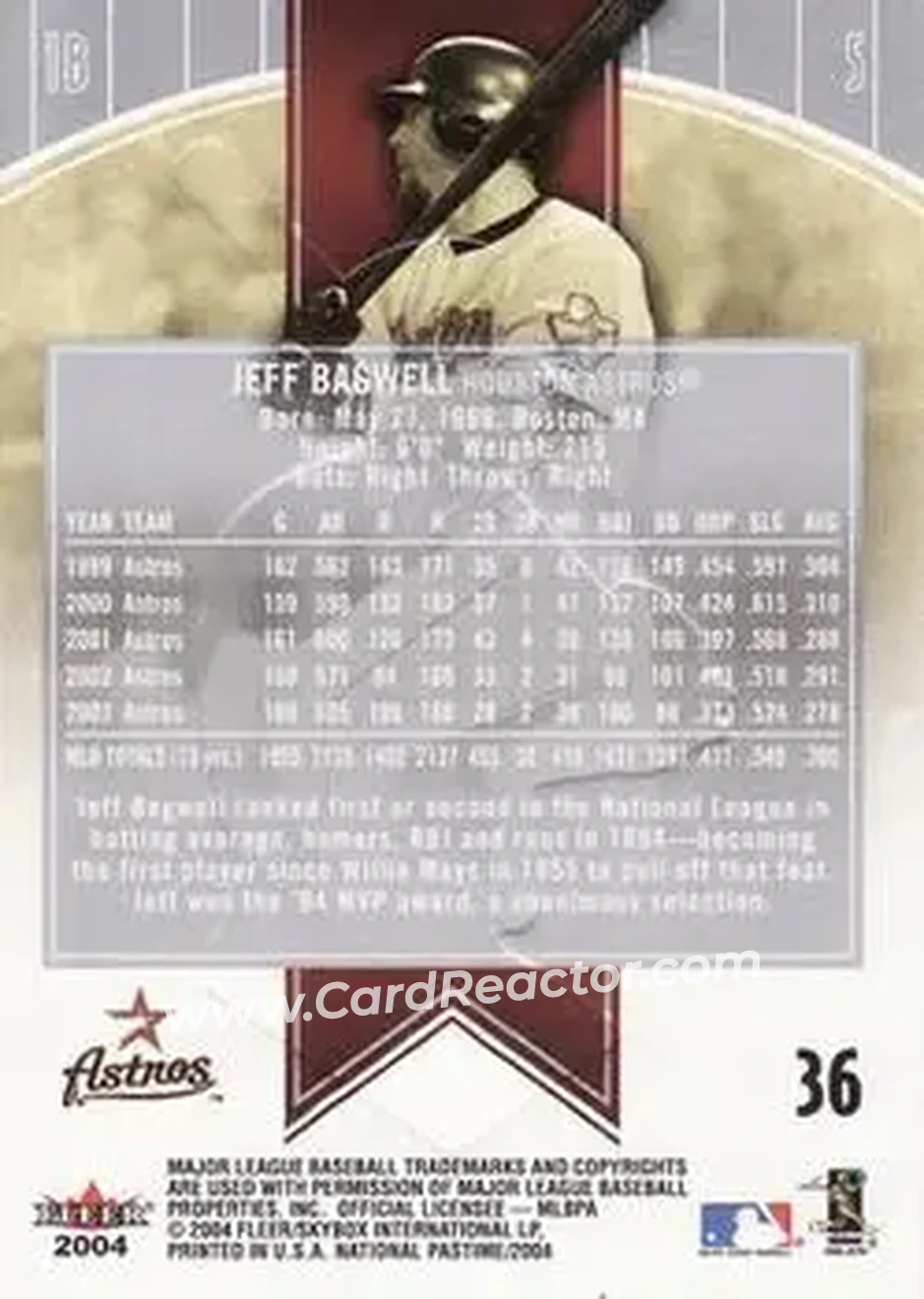 2004 Fleer National Pastime #36 - Jeff Bagwell - Houston Astros - Back