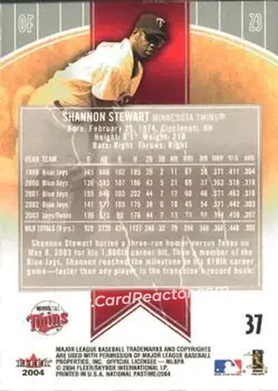 2004 Fleer National Pastime #37 - Shannon Stewart - Minnesota Twins - Back