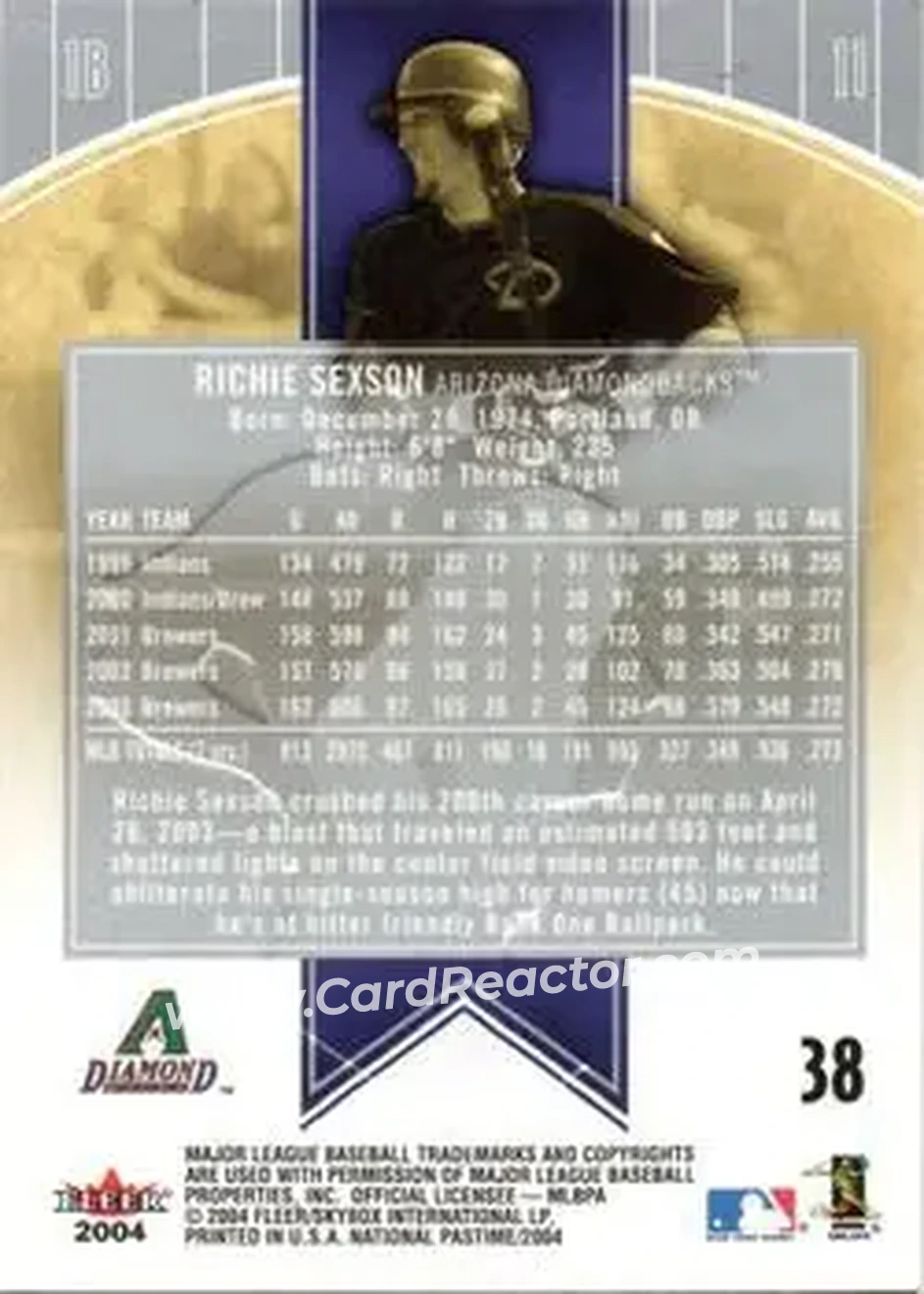 2004 Fleer National Pastime #38 - Richie Sexson - Arizona Diamondbacks - Back