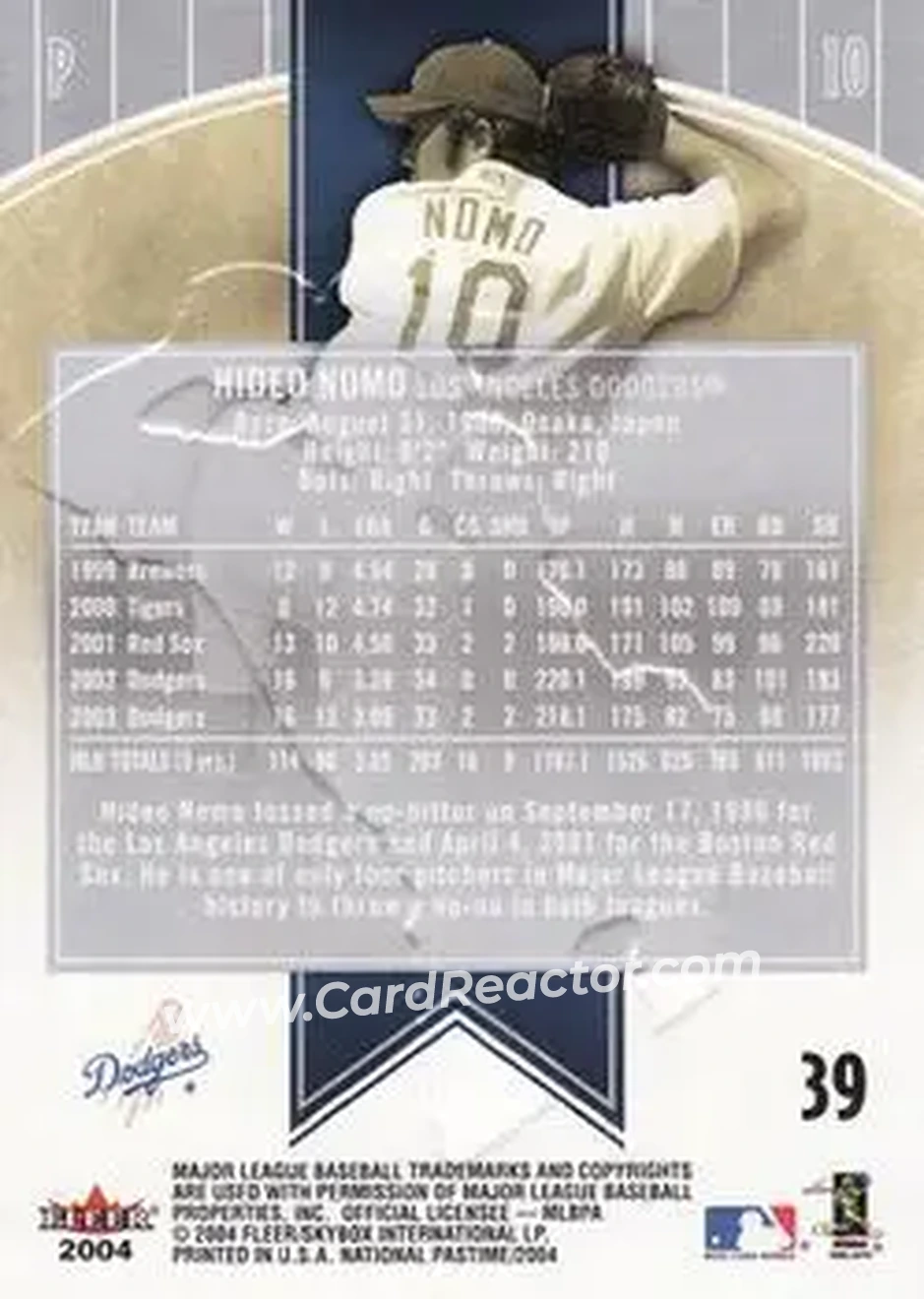 2004 Fleer National Pastime #39 - Hideo Nomo - Los Angeles Dodgers - Back