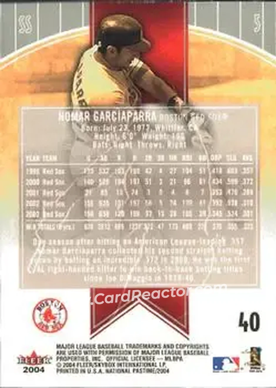 2004 Fleer National Pastime #40 - Nomar Garciaparra - Boston Red Sox - Back